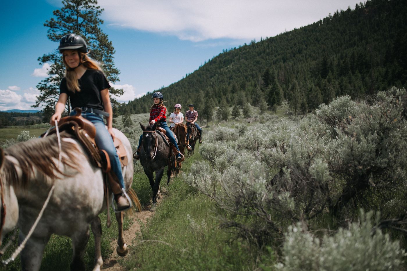 Riders on horseback along a forested hillside trail at Erin Valley Riding Stables