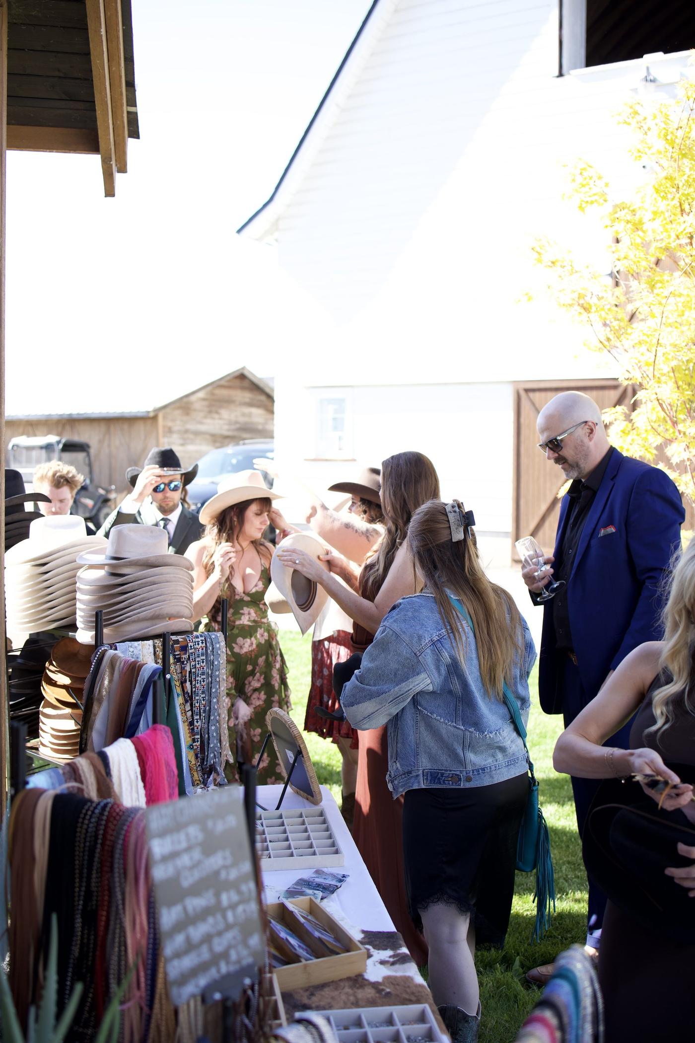 Wide view of the styling table with floral arrangements at Cave Creek Ranch